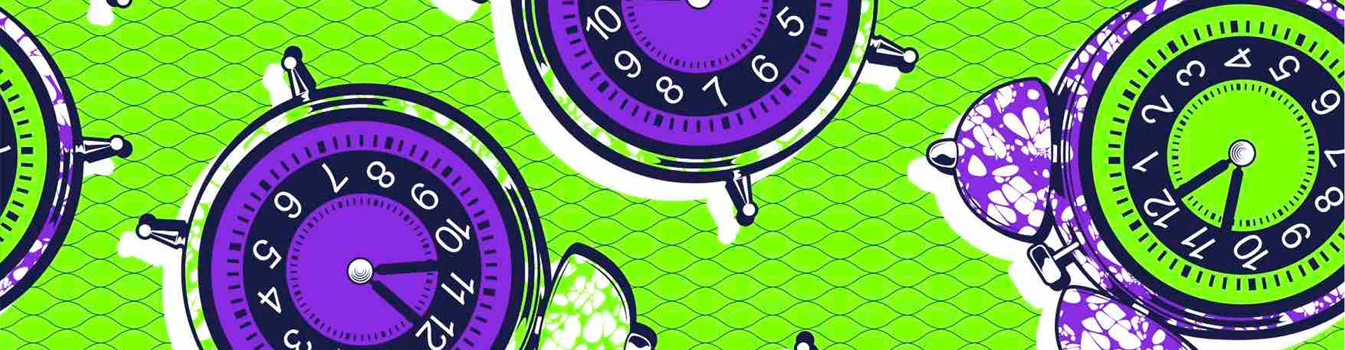 chitenge stock print with green background and clock print in purple