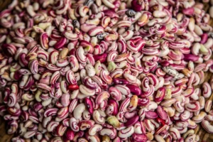 pile of beans with a colorful red and white pattern